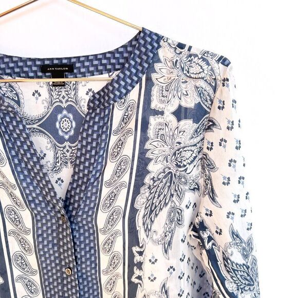 Ann Taylor Blue White Paisley Print Cotton Silk Long Sleeve Top Small - Picture 2 of 8